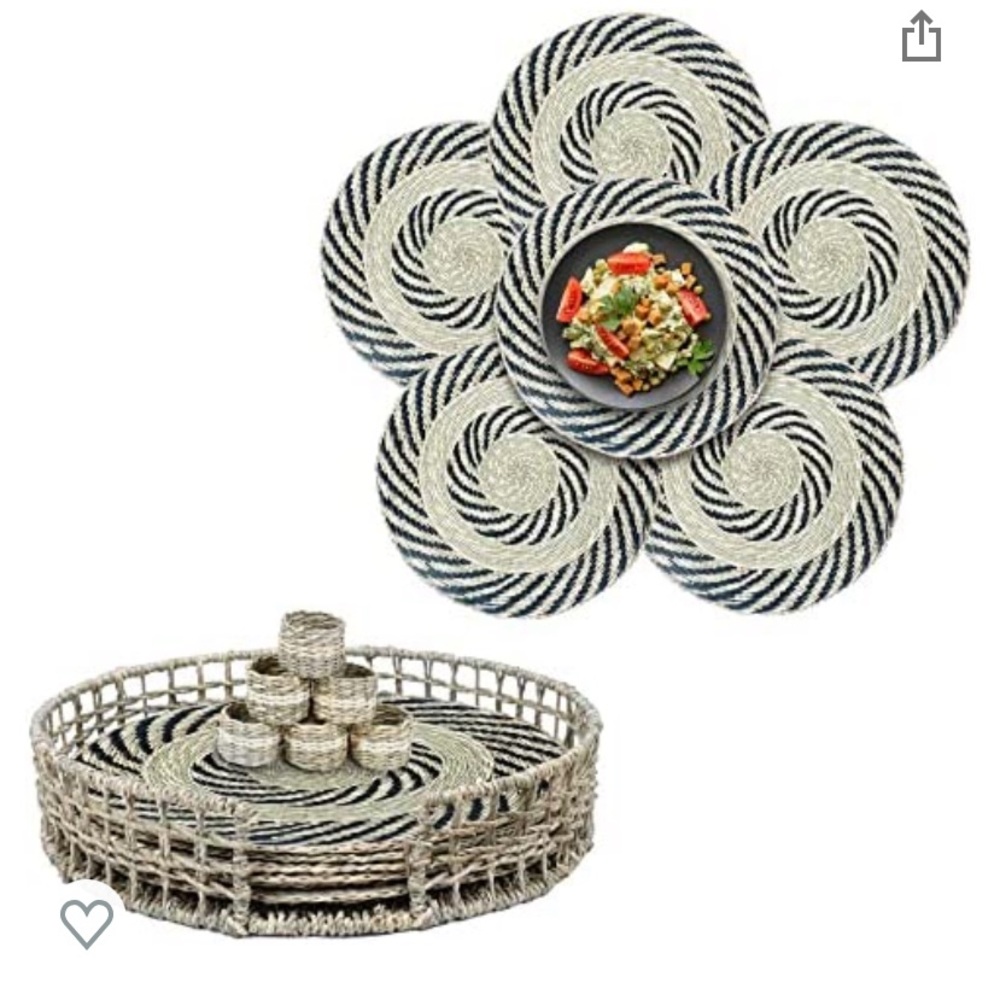 Round seagrass Placemats napkin rings & serving tray Set ATHENA HOME NEW sealed